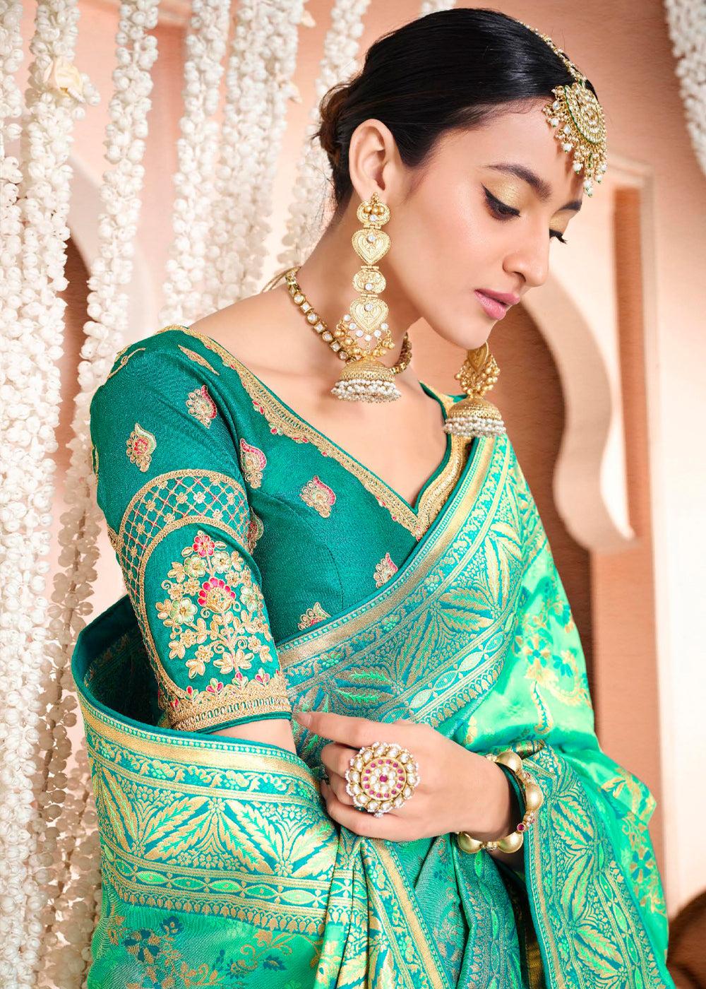 Buy MySilkLove Eucalyptus Green Zari Woven Banarasi Saree with Designer Blouse Online