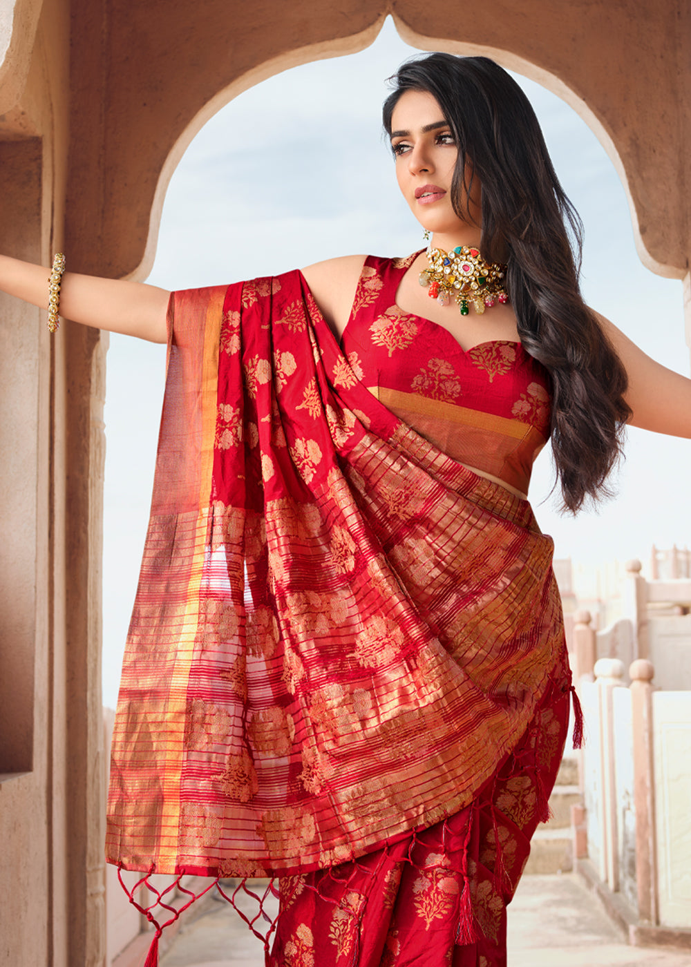 Buy MySilkLove Rusty Red Woven Banarasi Raw Silk Saree Online