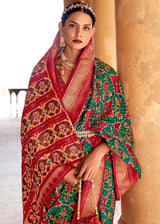 Willow Grove Green and Red Printed Patola Saree