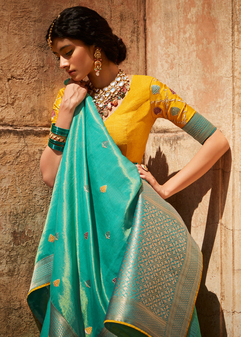 Ocean Blue and Yellow Zari Woven Designer Banarasi Saree
