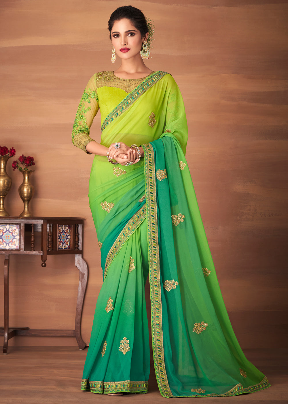 Buy MySilkLove Fern Green and Yellow Designer Saree with Embroidered Blouse Online