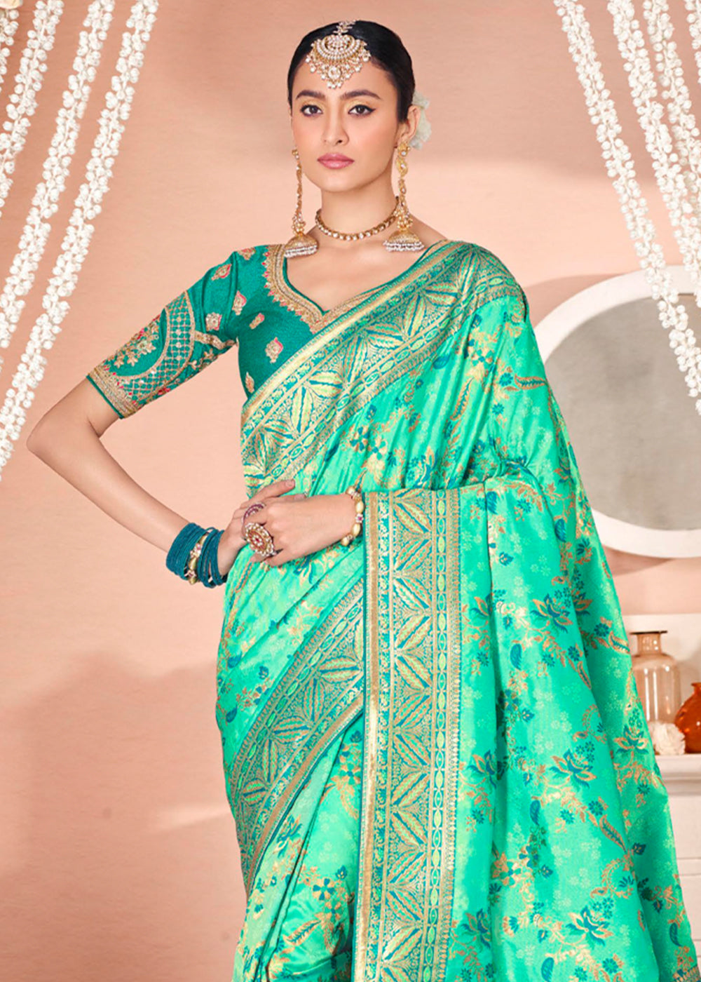 Buy MySilkLove Eucalyptus Green Zari Woven Banarasi Saree with Designer Blouse Online