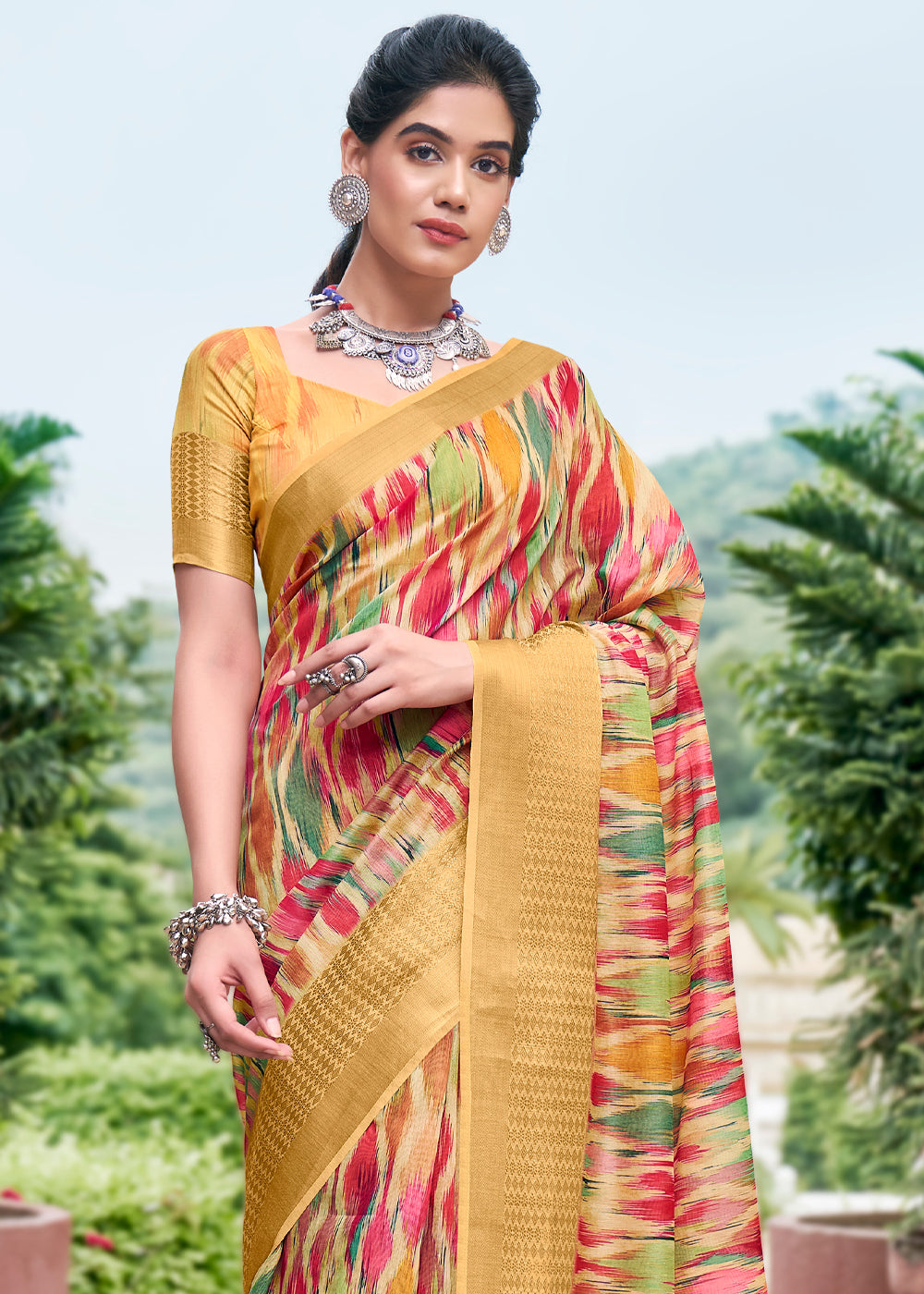 Buy MySilkLove Rob Yellow Banarasi Printed Saree Online