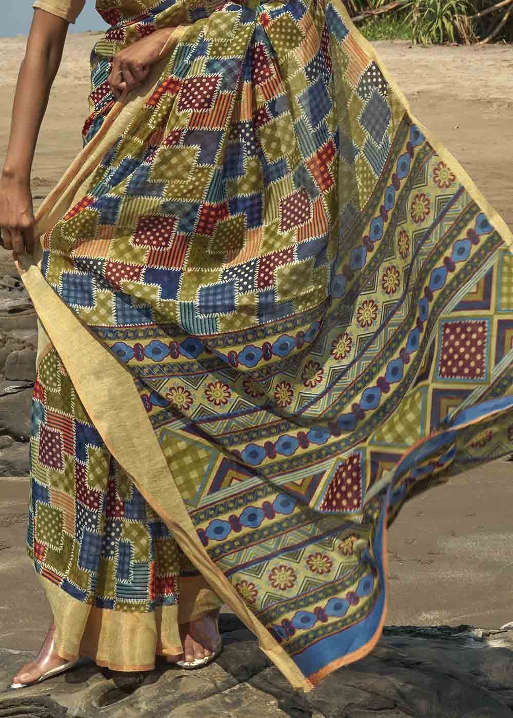 Buy MySilkLove Metal Green and Blue Printed Cotton Saree Online