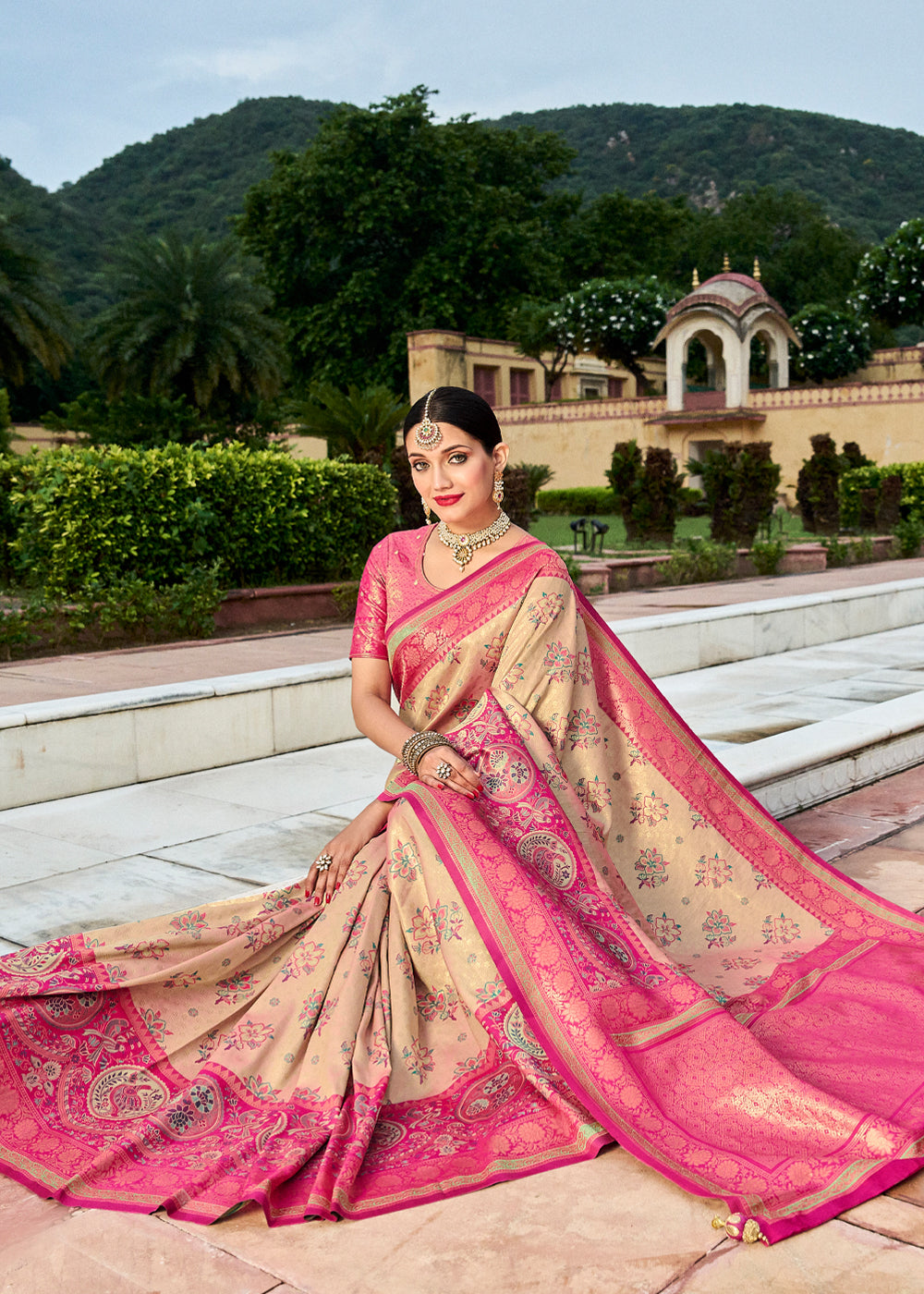 MySilkLove Orleans Cream and Pink Designer Banarasi Saree