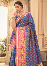 Comet Blue and Pink Zari Woven Banarasi Saree with Designer Blouse