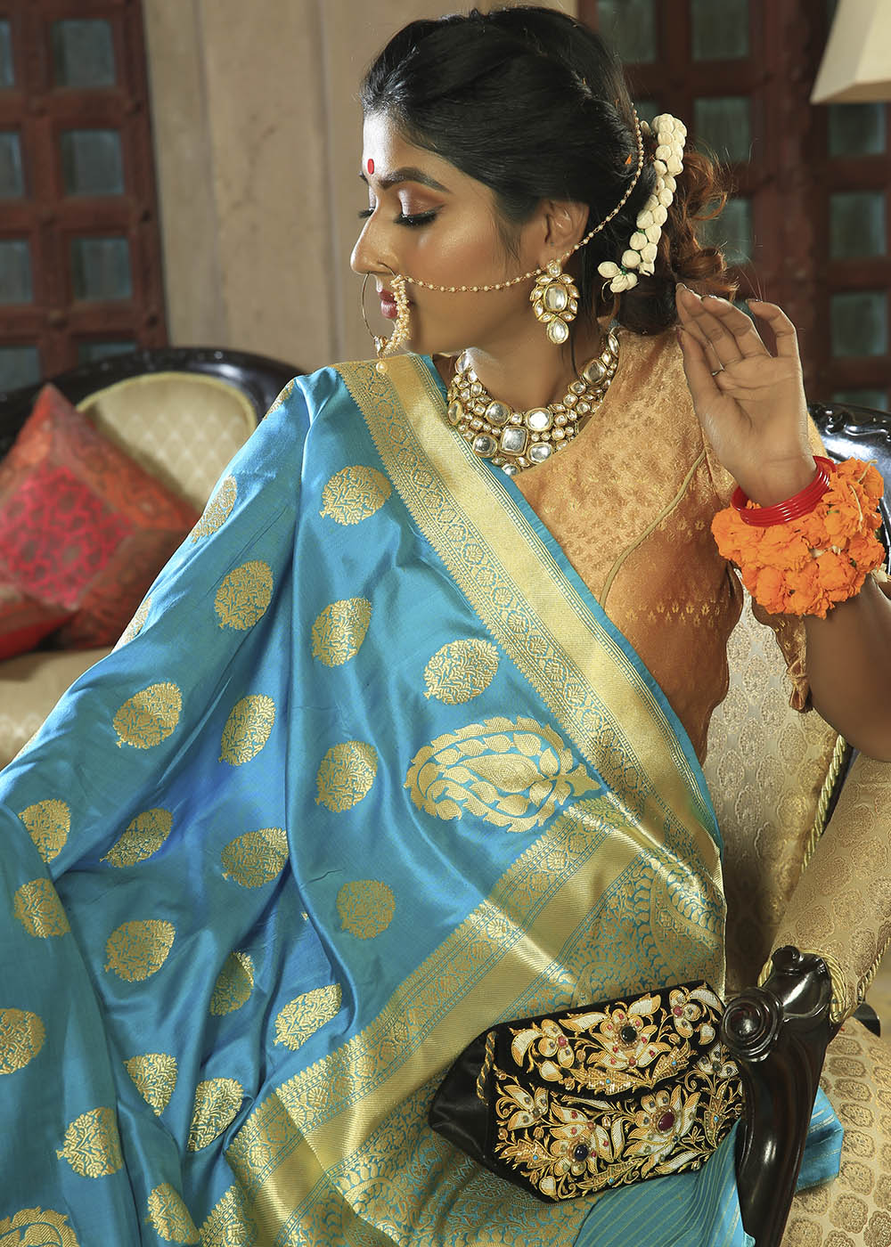 Buy MySilkLove Pelorous Blue Katan Pure Silk Handwoven Konia Booti Jangla Saree Online