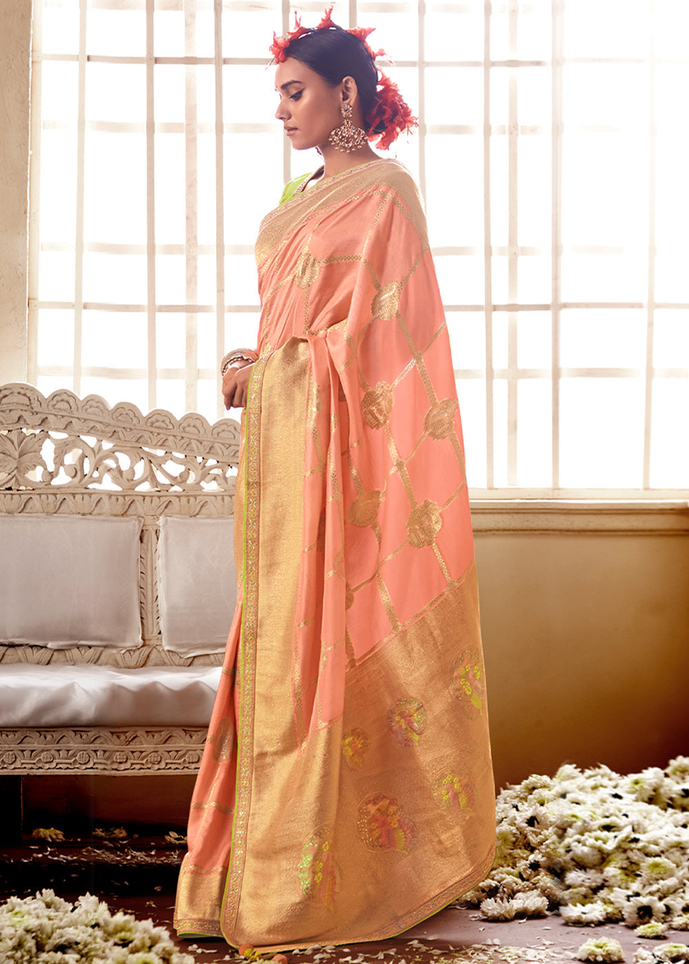 Buy MySilkLove Tan Peach and Green Banarasi Saree with Designer Blouse Online