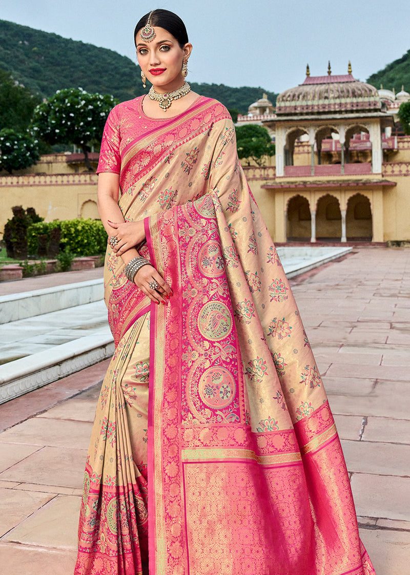 Your store. Rani Pink Banarasi Silk Jacquard Woven Saree with Blouse