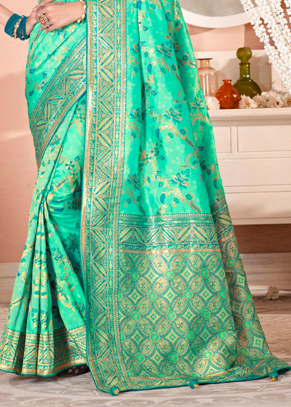 Buy MySilkLove Eucalyptus Green Zari Woven Banarasi Saree with Designer Blouse Online