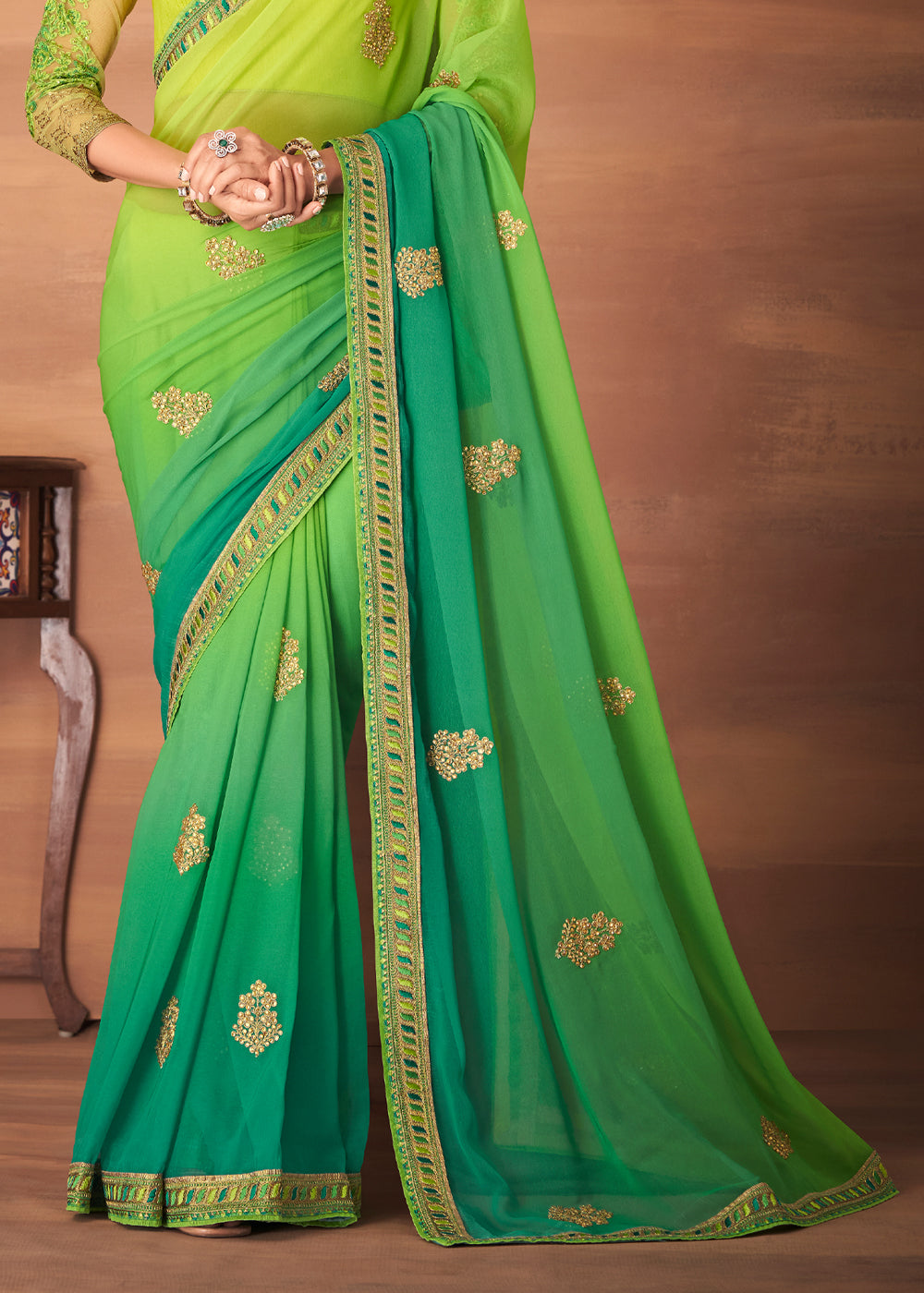 Buy MySilkLove Fern Green and Yellow Designer Saree with Embroidered Blouse Online