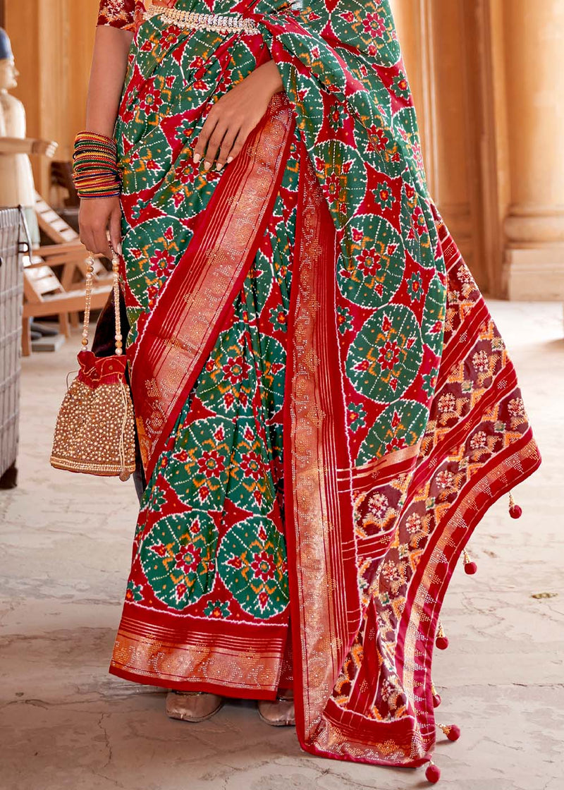 Willow Grove Green and Red Printed Patola Saree