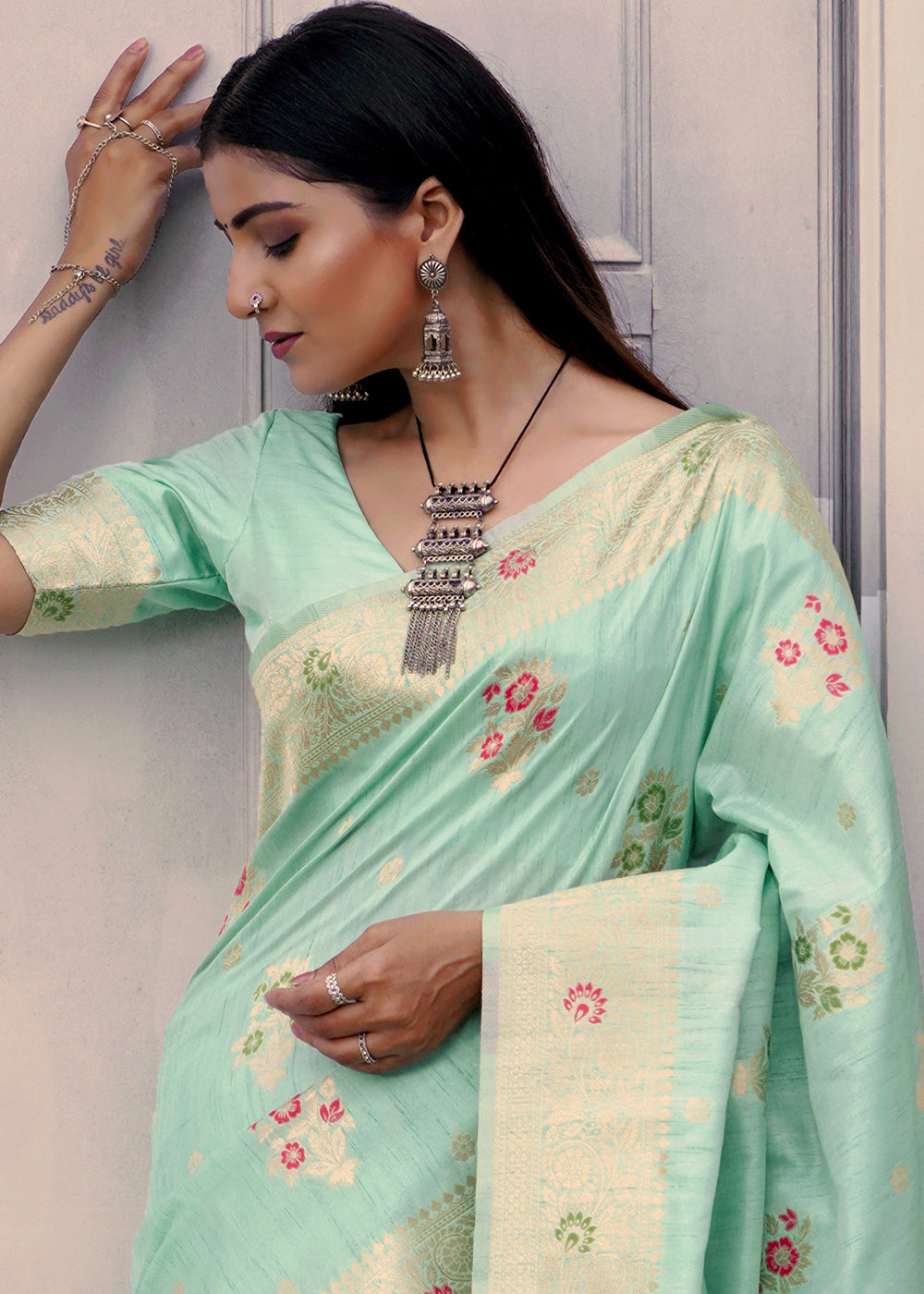 Buy MySilkLove Gum Leaf Green Banarasi Saree Online