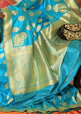 Pelorous Blue Katan Pure Silk Handwoven Konia Booti Jangla Saree