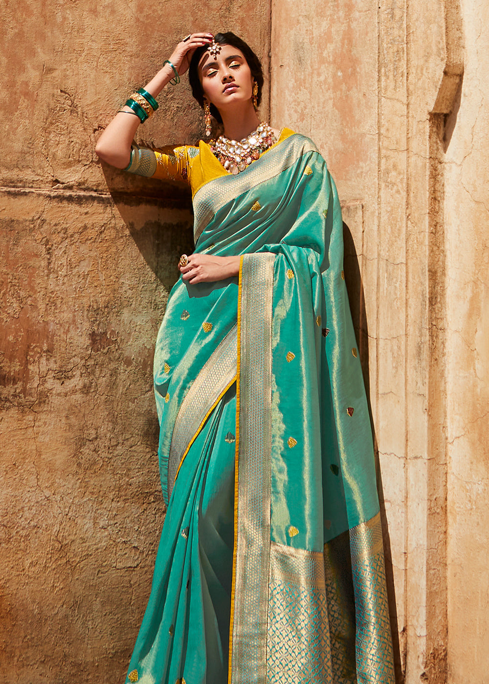 Buy MySilkLove Ocean Blue and Yellow Zari Woven Designer Banarasi Saree Online