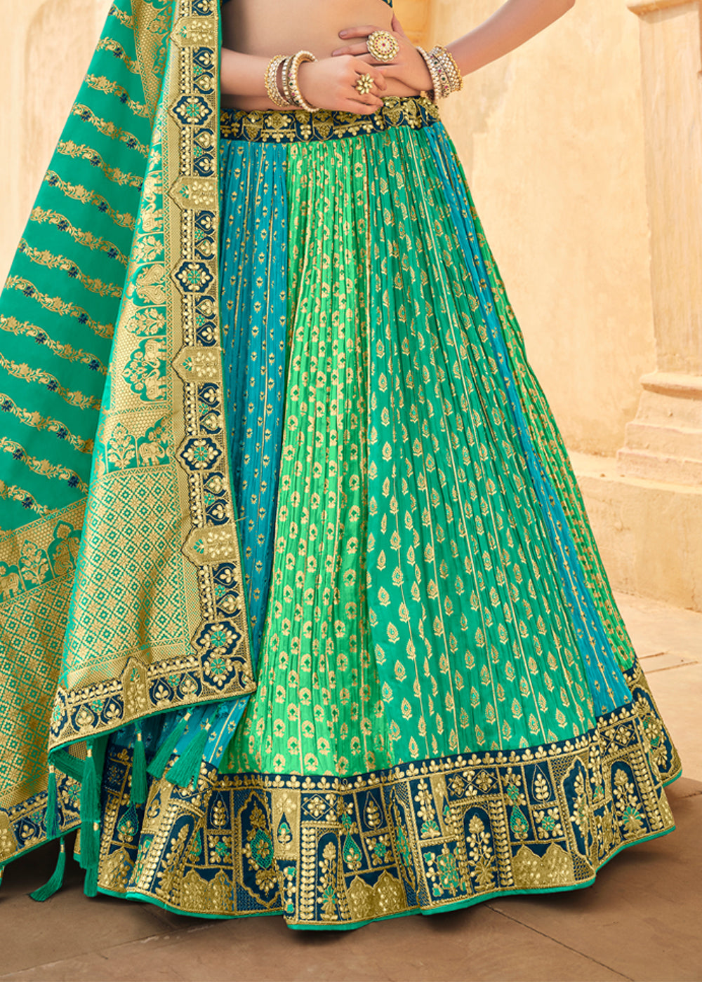 Buy MySilkLove Jade Blue and Green Heavy Embroidered Lehenga Online