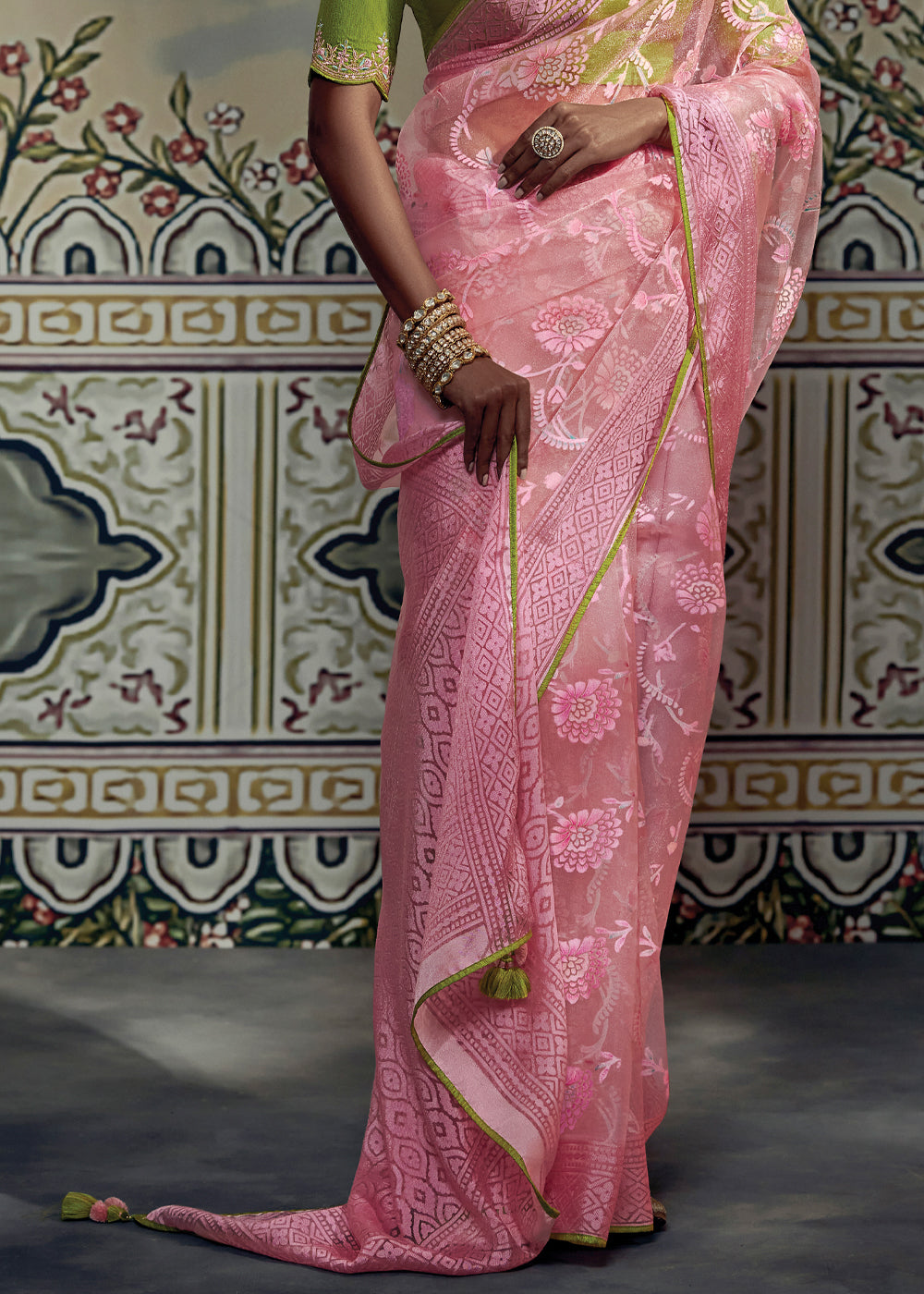 Buy MySilkLove Contessa Pink and Green Woven Soft Silk Saree with Embroidered Blouse Online