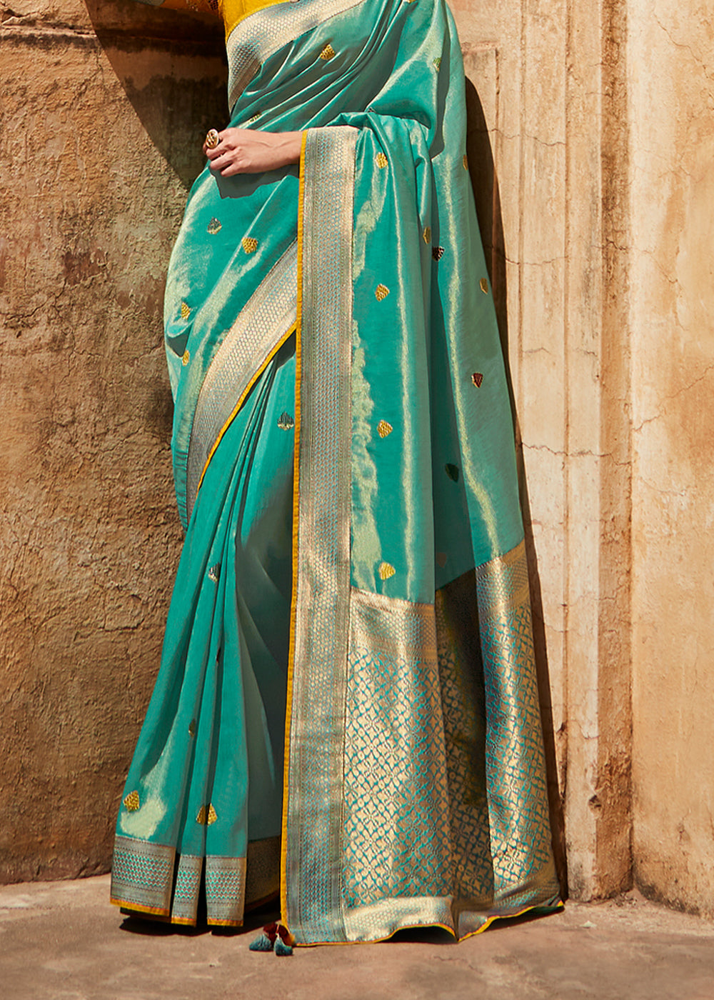 Buy MySilkLove Ocean Blue and Yellow Zari Woven Designer Banarasi Saree Online