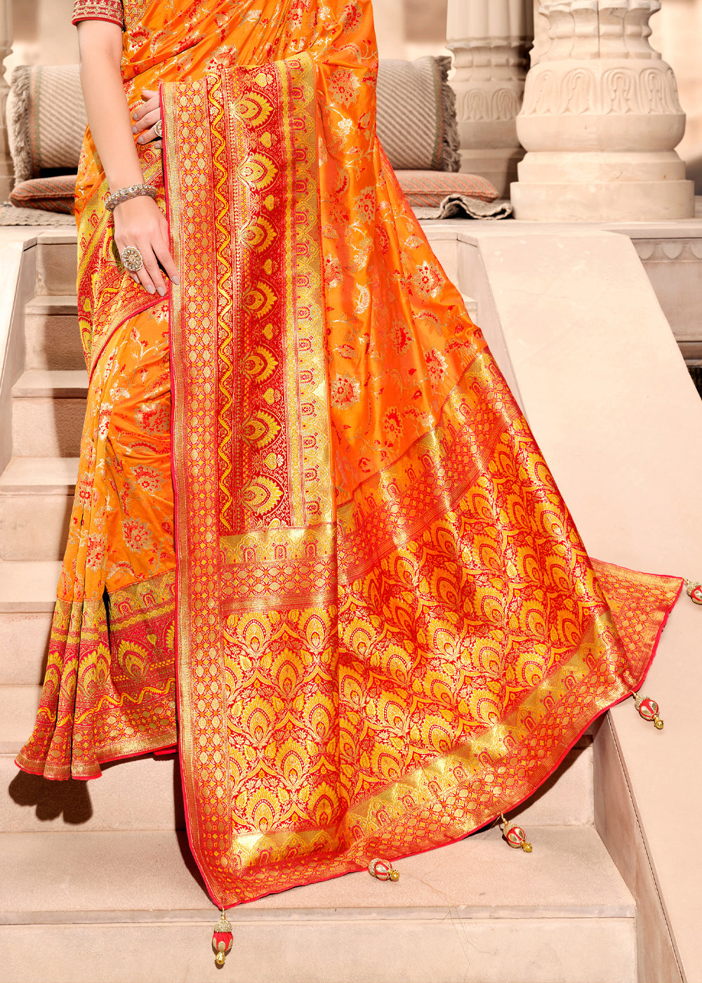 Buy MySilkLove Burnt Orange and Red Woven Designer Banarasi Silk Saree Online