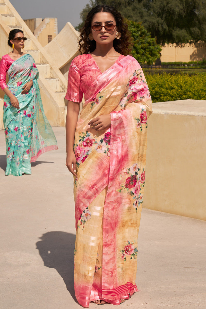 Maize Beige and Pink Digital Printed Linen Floral Saree