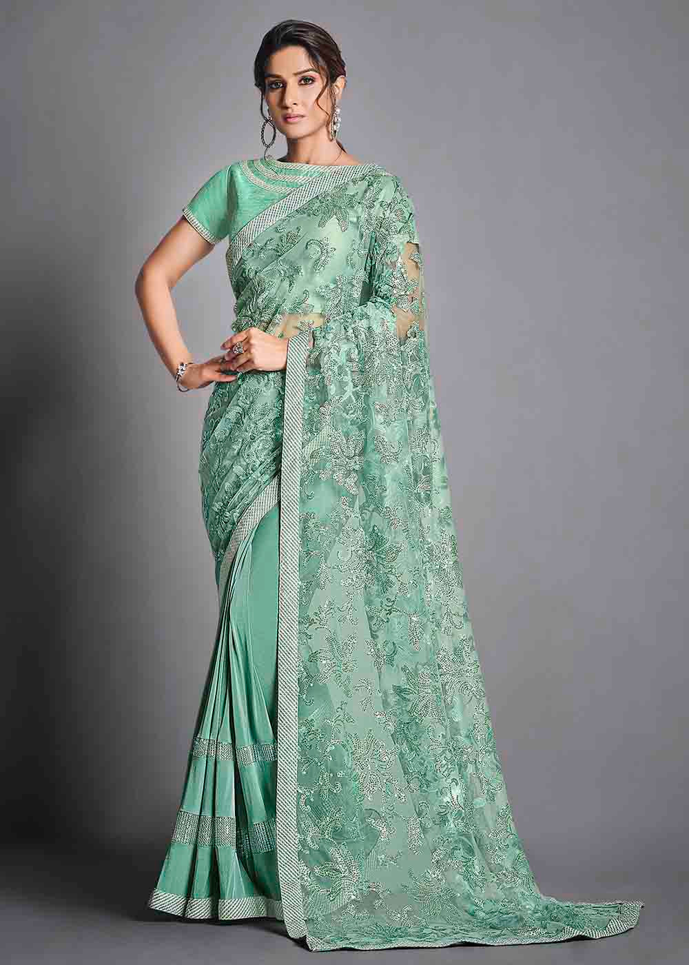 Buy MySilkLove Vista Blue Green Designer Lycra Saree with Embroidery Work Online