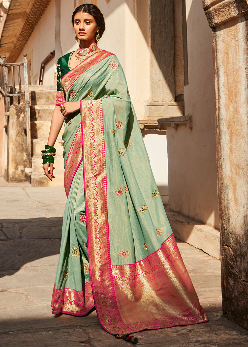 Buy MySilkLove Swamp Green and Pink Zari Woven Designer Banarasi Saree Online