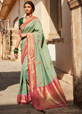 Swamp Green and Pink Zari Woven Designer Banarasi Saree