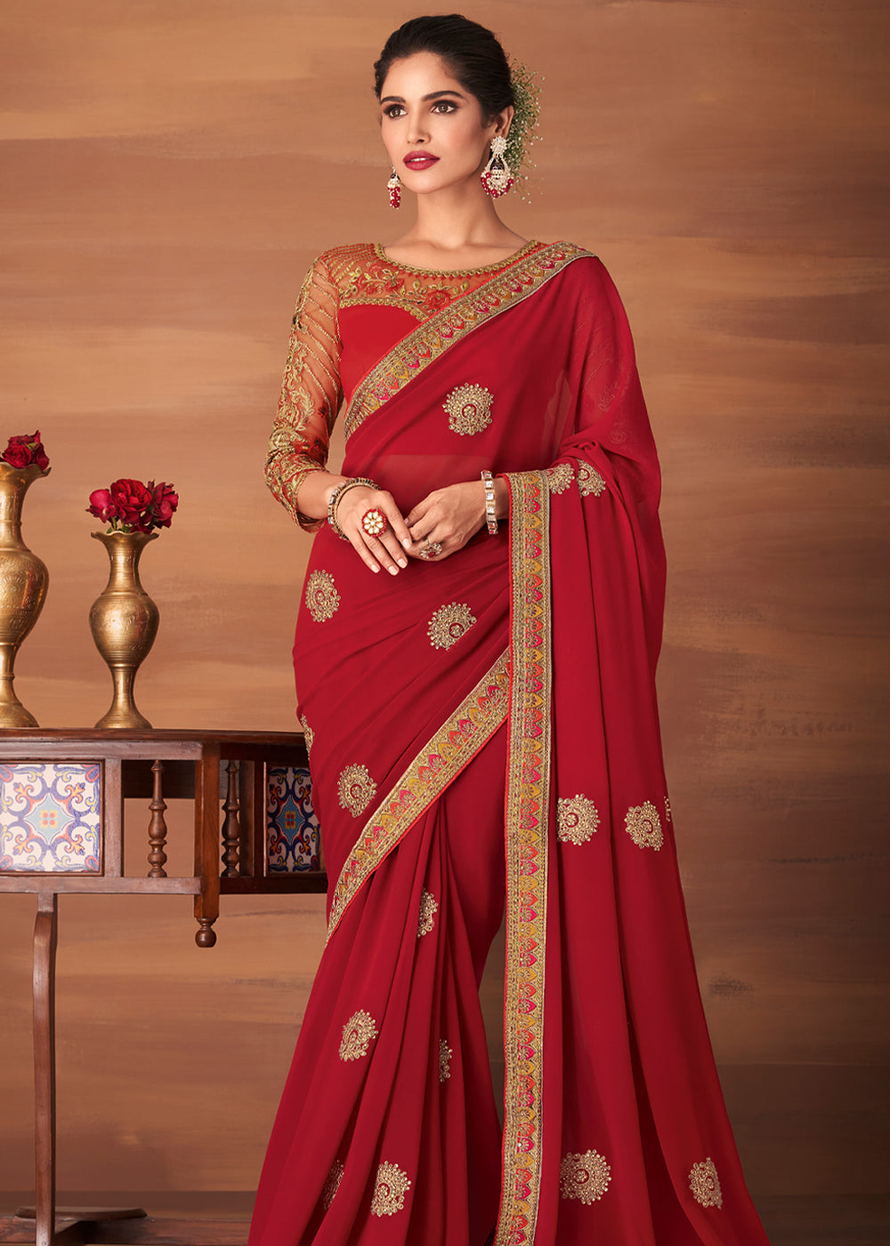 Buy MySilkLove Chestnut Rose Red Designer Saree with Embroidered Blouse Online