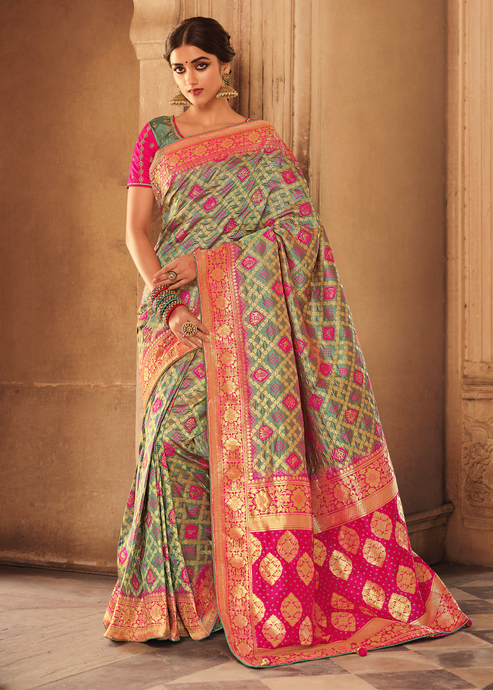 Buy MySilkLove Taupe Grey and Pink Zari Woven Banarasi Saree with Designer Blouse Online