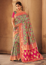 Taupe Grey and Pink Zari Woven Banarasi Saree with Designer Blouse