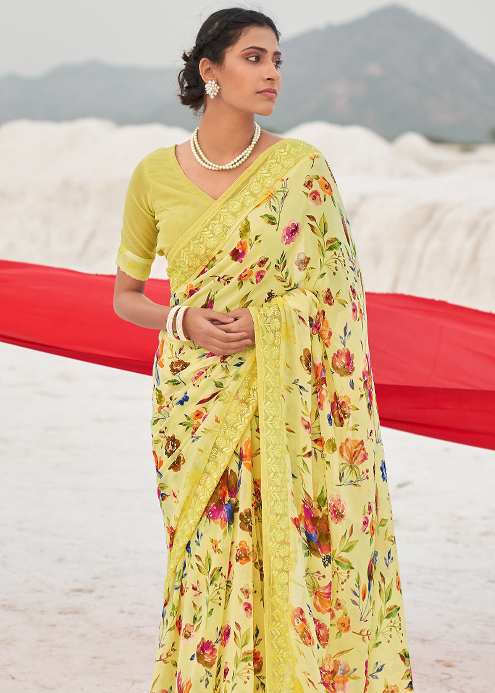 Buy MySilkLove Flax Yellow Digital Printed Chiffon Saree Online