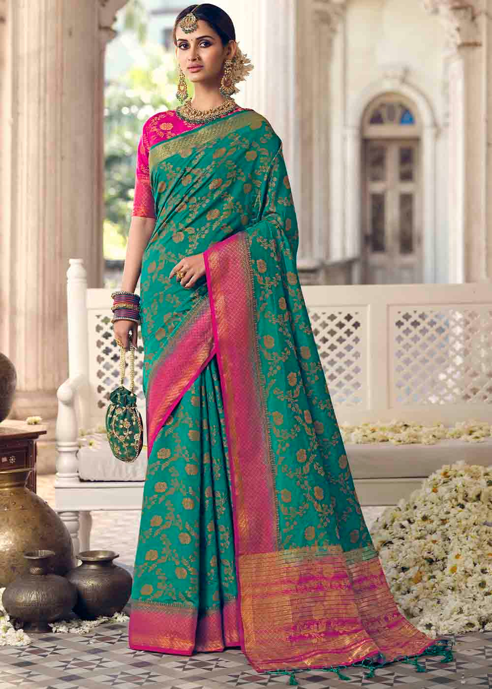 Buy MySilkLove Paradiso Green and Pink Zari Woven Banarasi Raw Silk Saree Online