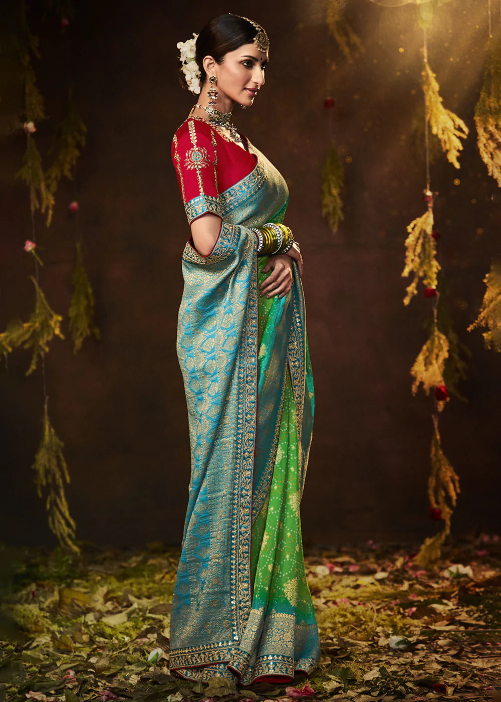 Buy MySilkLove Chelsea Cucumber Green Woven Georgette Designer Saree with Embroidered Blouse Online