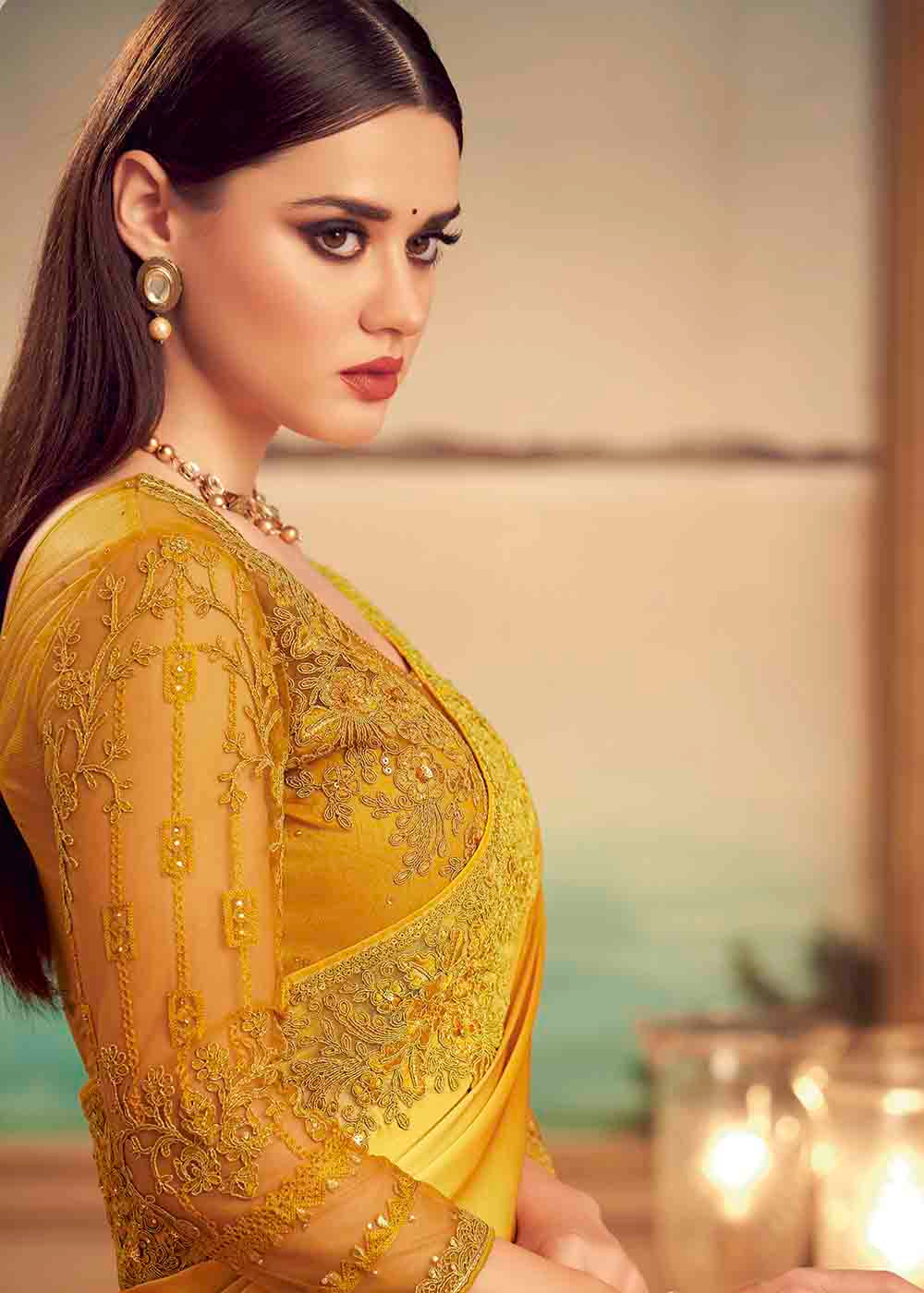 MySilkLove Ochre Yellow Embroidered Satin Silk Designer Saree