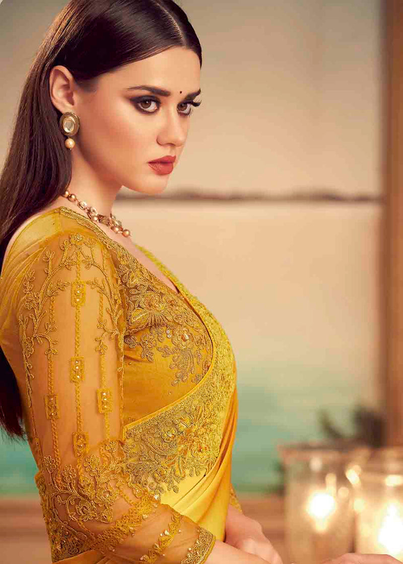 Ochre Yellow Embroidered Satin Silk Designer Saree