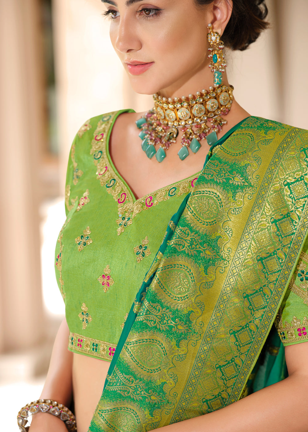 Viridian Green and Light Green Woven Designer Banarasi Silk Saree