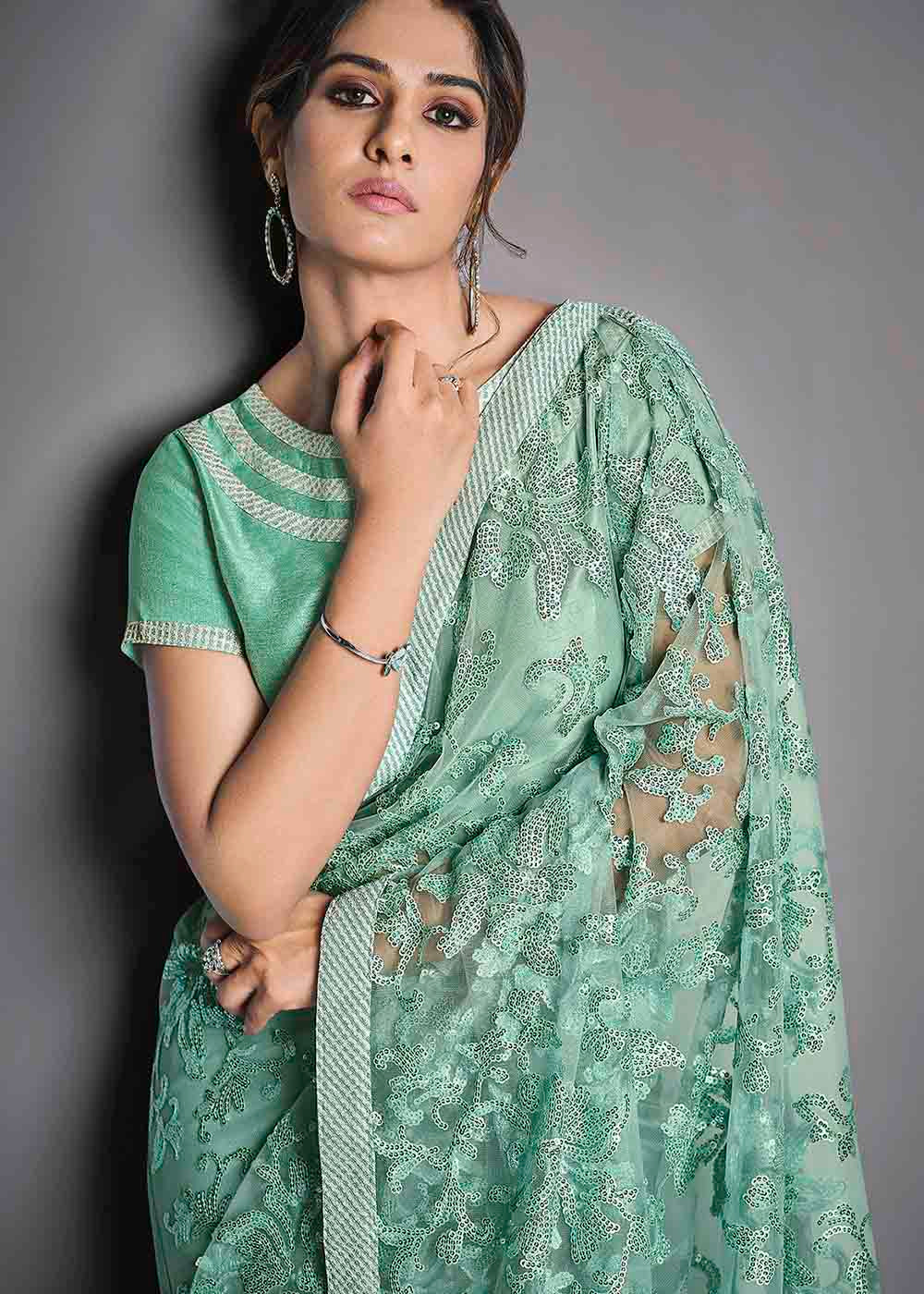 MySilkLove Vista Blue Green Designer Lycra Saree with Embroidery Work