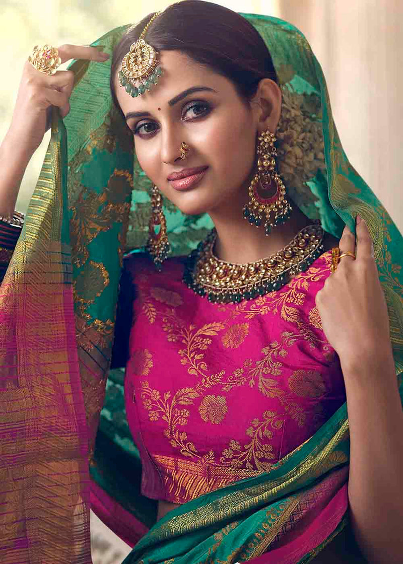 Paradiso Green and Pink Zari Woven Banarasi Raw Silk Saree