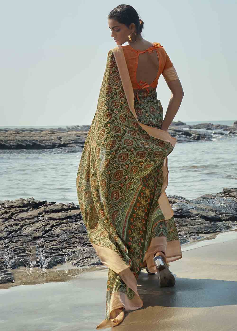 Buy MySilkLove Misty Green Printed Cotton Saree Online