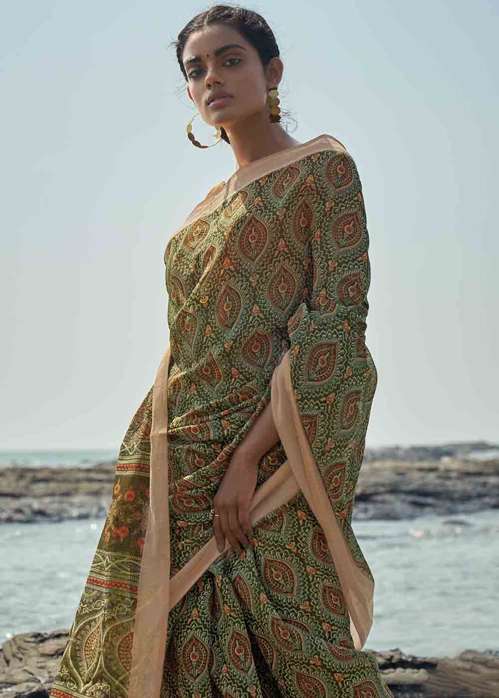 Buy MySilkLove Misty Green Printed Cotton Saree Online