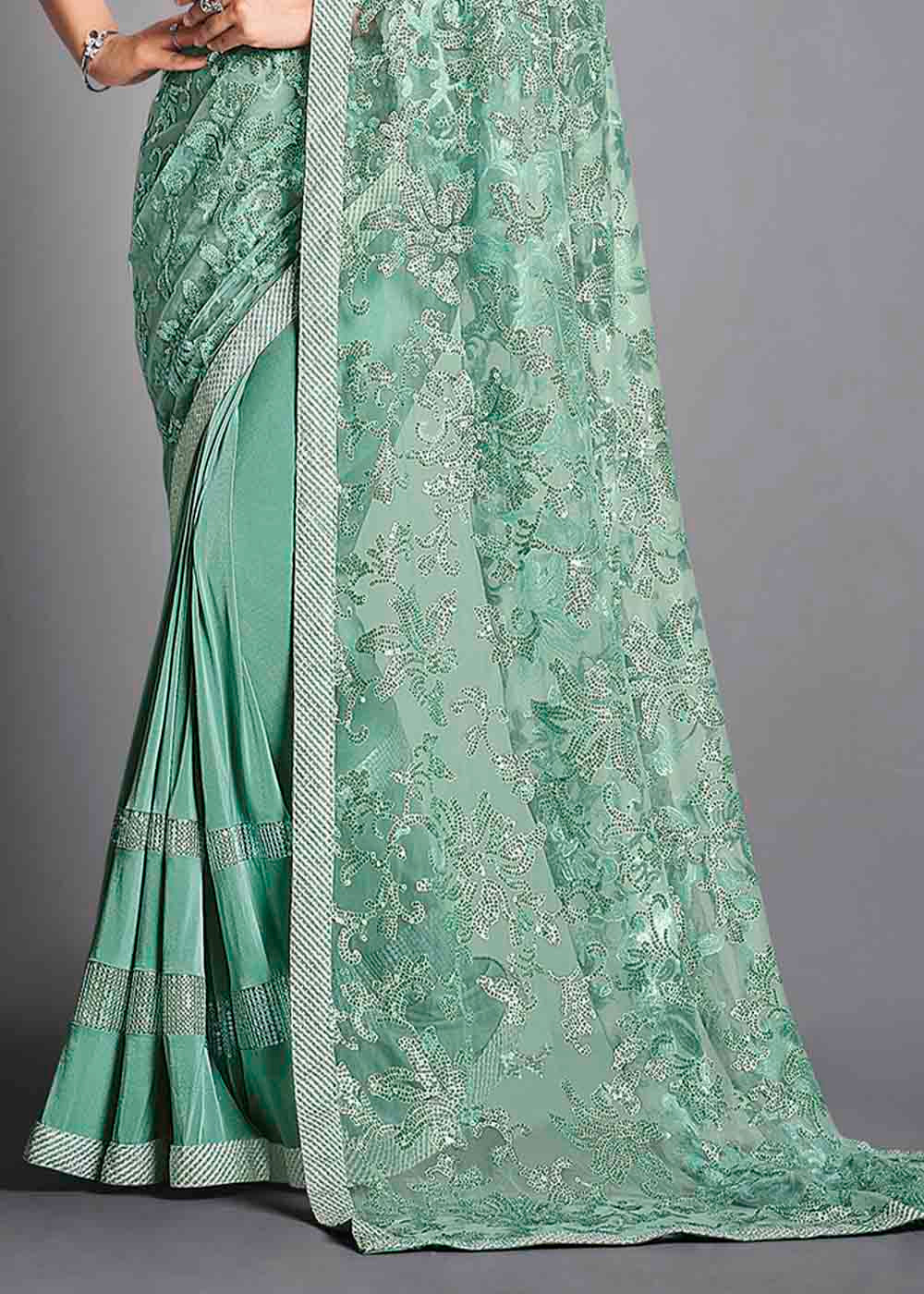 Buy MySilkLove Vista Blue Green Designer Lycra Saree with Embroidery Work Online