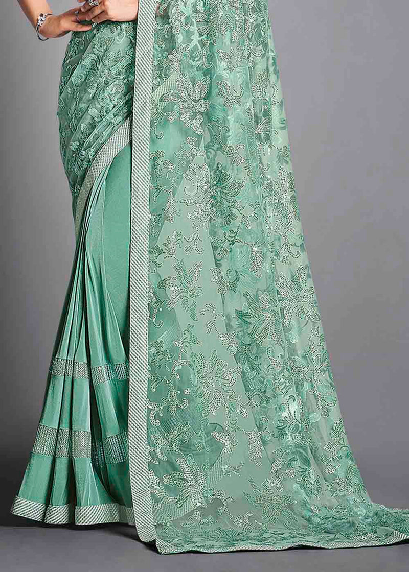 Vista Blue Green Designer Lycra Saree with Embroidery Work