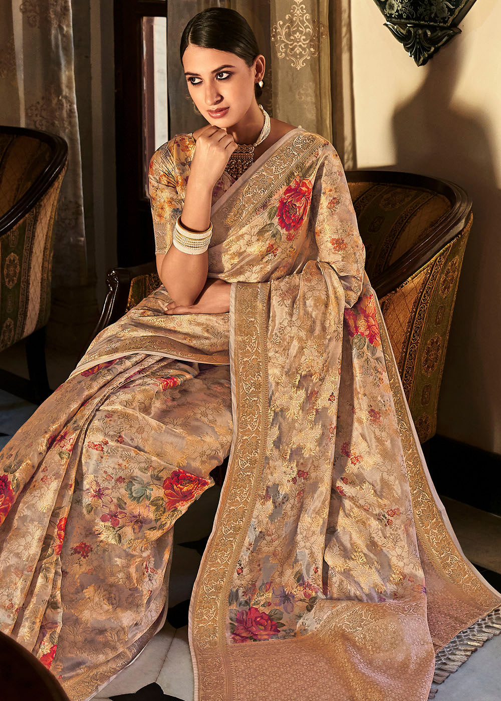 Buy MySilkLove Cameo Cream Digital Printed Brasso Saree Online