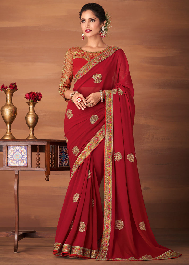 Chestnut Rose Red Designer Saree with Embroidered Blouse