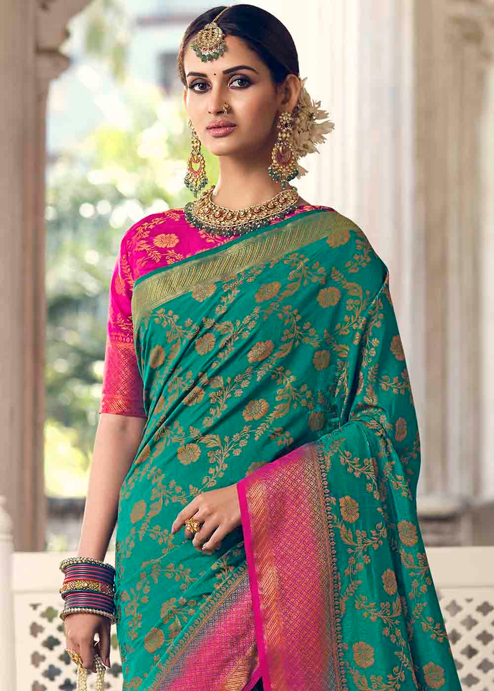 Buy MySilkLove Paradiso Green and Pink Zari Woven Banarasi Raw Silk Saree Online