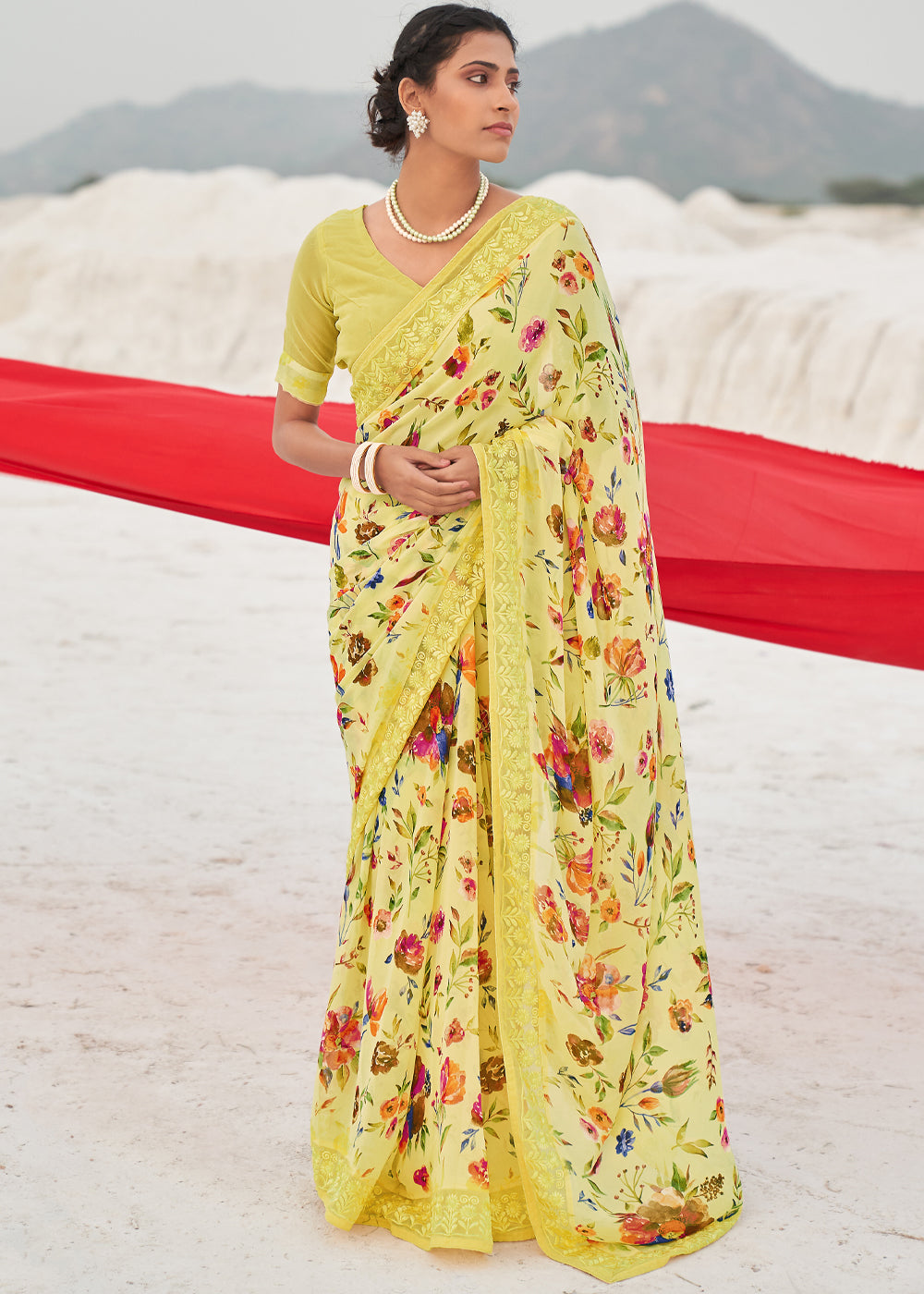 Buy MySilkLove Flax Yellow Digital Printed Chiffon Saree Online