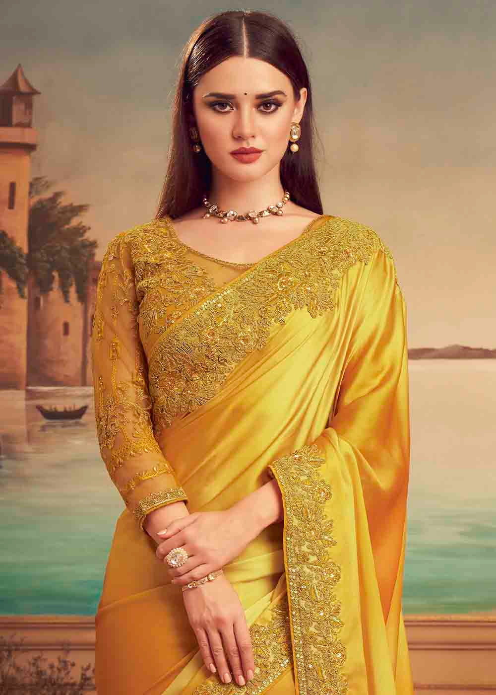 Buy MySilkLove Ochre Yellow Embroidered Satin Silk Designer Saree Online