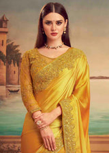 Ochre Yellow Embroidered Satin Silk Designer Saree