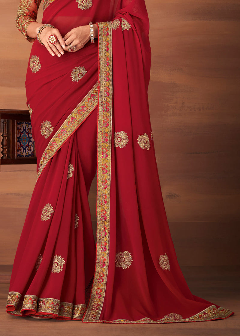 Chestnut Rose Red Designer Saree with Embroidered Blouse