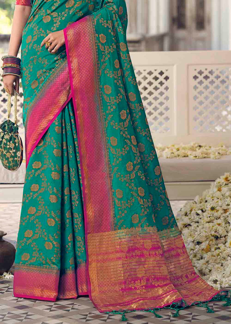 Paradiso Green and Pink Zari Woven Banarasi Raw Silk Saree